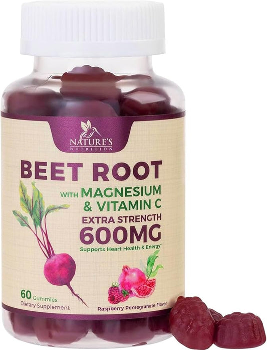 Beet Root Supplement Gummies with Vitamic C & Magnesium - Energy Heart Health Support, Supports Nitric Oxide Production - Gluten Free, Non-GMO Beets Root Gummy - Pomegranate Berry Flavor - 60 Gummies