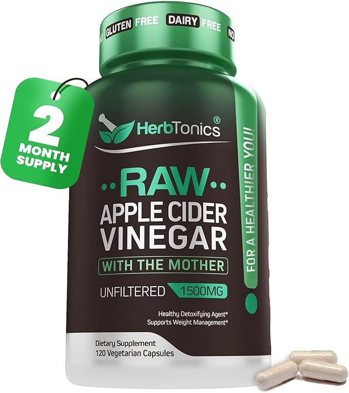 Herbtonics Raw Apple Cider Vinegar Capsules with Mother | Detox & Digestive Health Formula | Unfiltered ACV for Metabolic Support | 120 Vegan Capsules