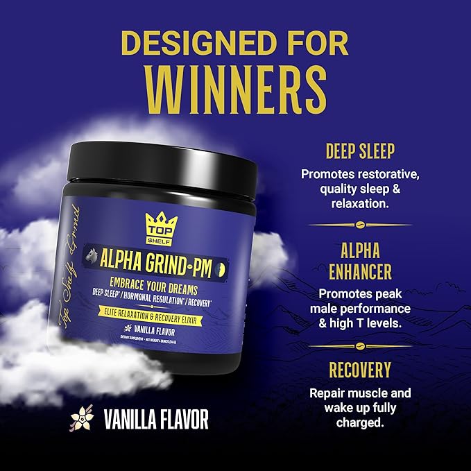 Advanced Sleep Supplement for Men, Nootropic Night Time Burner & Anabolic Recovery, Natural Sleep Aid with Magnesium Glycinate, Apigenin, Selenium - Vanilla Flavor | Alpha Grind PM