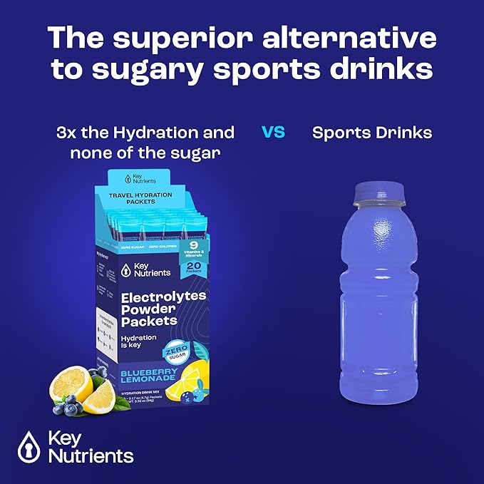 KEY NUTRIENTS Multivitamin Electrolytes Powder Packets - Delicious Blueberry Lemonade 20 Pack Hydration Packets - Travel Hydration Powder - No Sugar, No Calories, Gluten Free - Made in USA