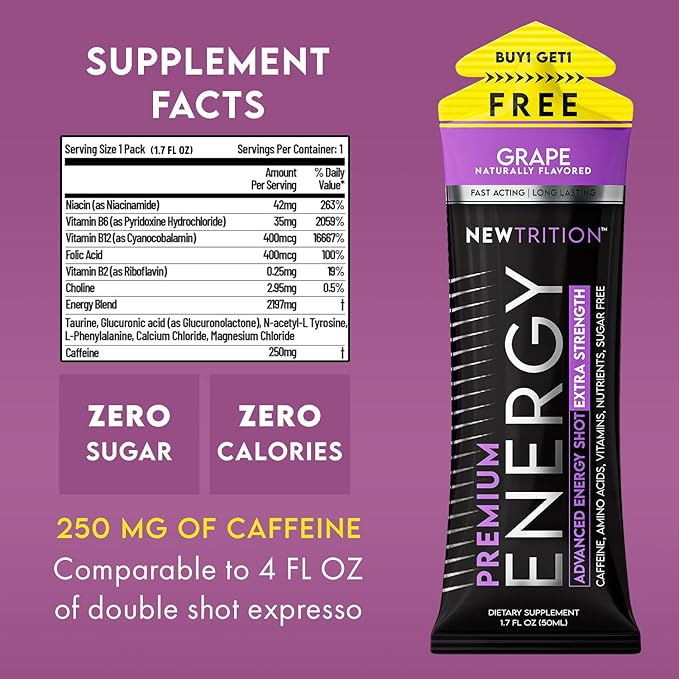 Extra Strength Energy Shots Packets, Caffeine Energy Shots with Vitamin B & Amino Acids, Sugar-Free Vitamin Energy Shot, 1.7 fl oz, Grape, 24 Count