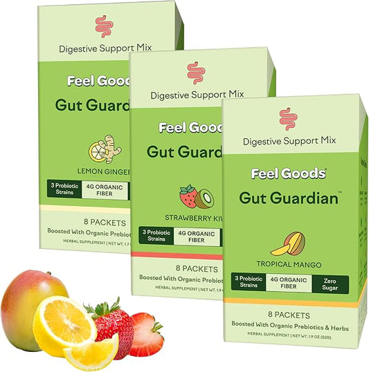 Feel Goods Gut Guardian, Prebiotic & Probiotic Powder, Sugar Free, Organic Fiber, Herbs for Bloat, Gut Health Support, Digestive Health for Men & Women, Non GMO, Vegan | Variety Pack, 24 Count