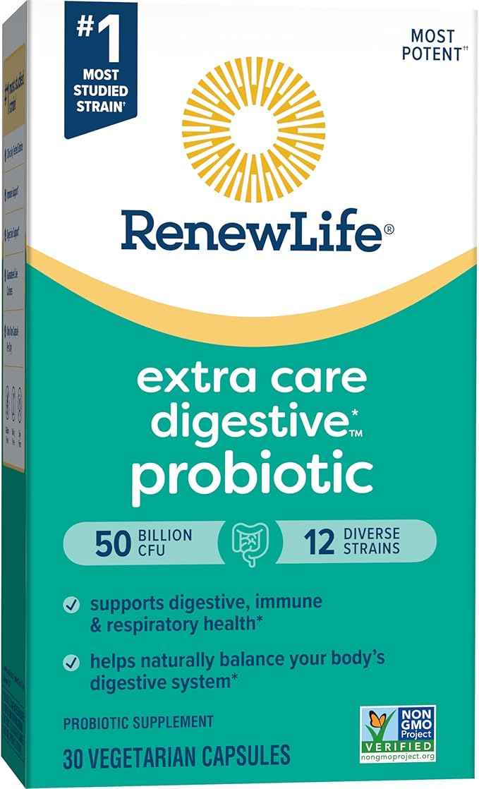 Renew Life Extra Care Go-Pack Probiotic Capsules, Daily Supplement Supports Immune, Digestive and Respiratory Health, L. Rhamnosus GG, Dairy, Soy and gluten-free, 50 Billion CFU, 30 Ct