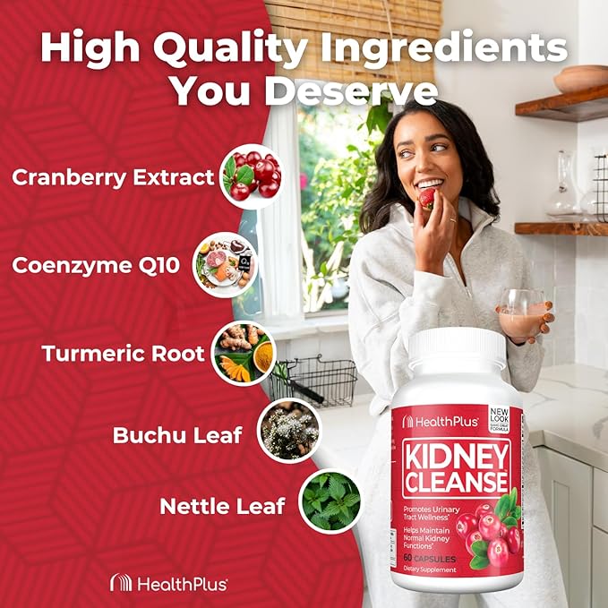 Health Plus Advanced Kidney Cleanse with Cranberry Extract, Turmeric Root and CoQ10, Helps Support Healthy Kidney Function & Urinary Tract Wellness, 60 Capsules