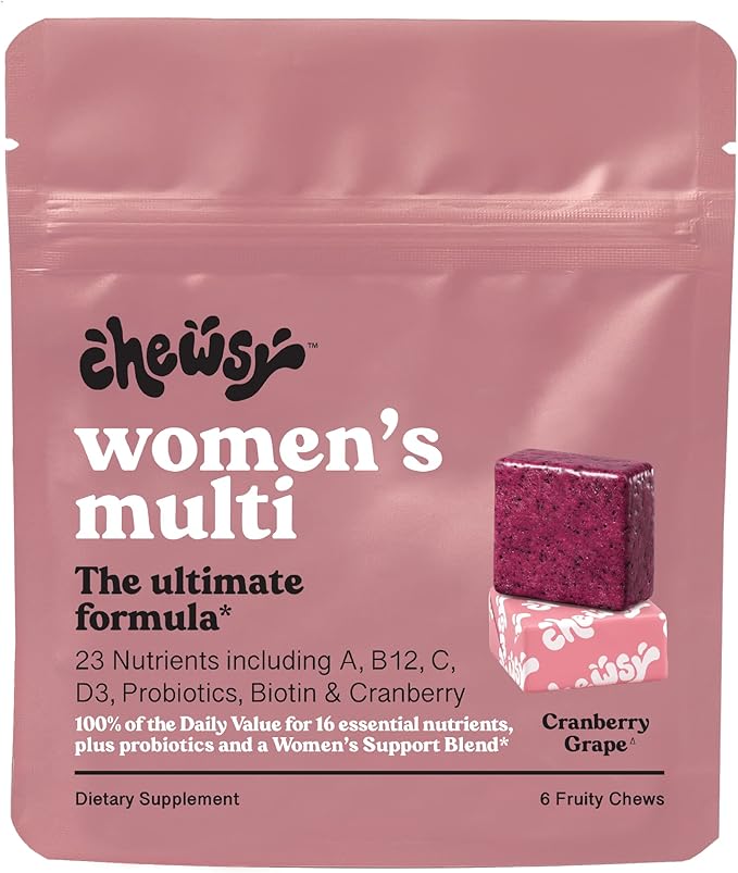 Chewsy Women's Multivitamin Chews, Immune & Energy Support, Vitamins C, B12, A, D, E, Folic Acid, Probiotics, Biotin, Cranberry, Adult Chewable Vitamin, Individually Wrapped Fruity Chews-6 Day Supply