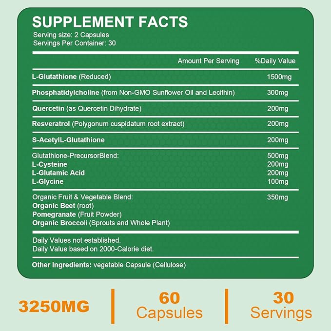 3250 MG Liposomal Glutathione Supplement,Reduced L-Glutathione with Resveratrol,Quercetin, Antioxidant Supplement for Immune System,Gluten Free & Non-GMO, 180 Capsules