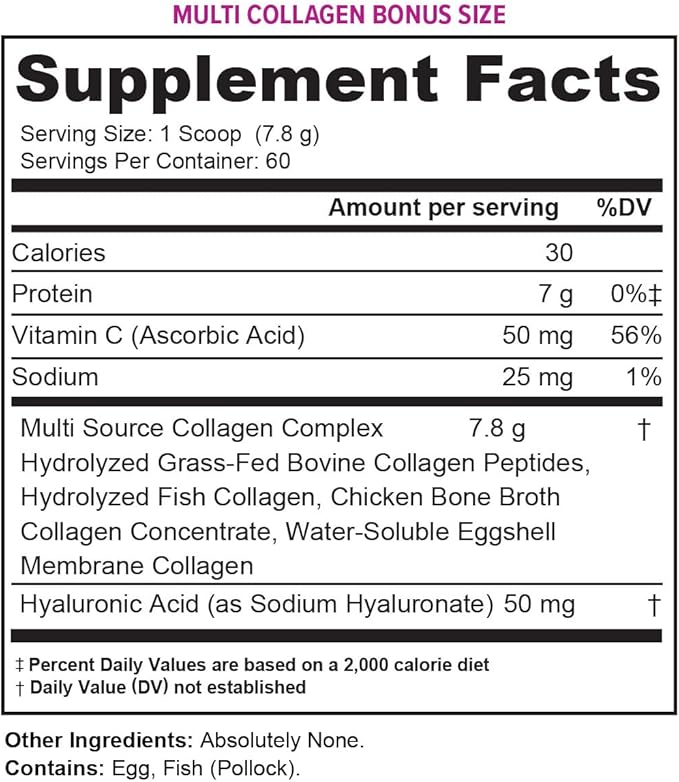 Multi Collagen Peptides Plus Hyaluronic Acid and Vitamin C Hydrolyzed Collagen Proteins Types I II III V and X 60 Servings Unflavored