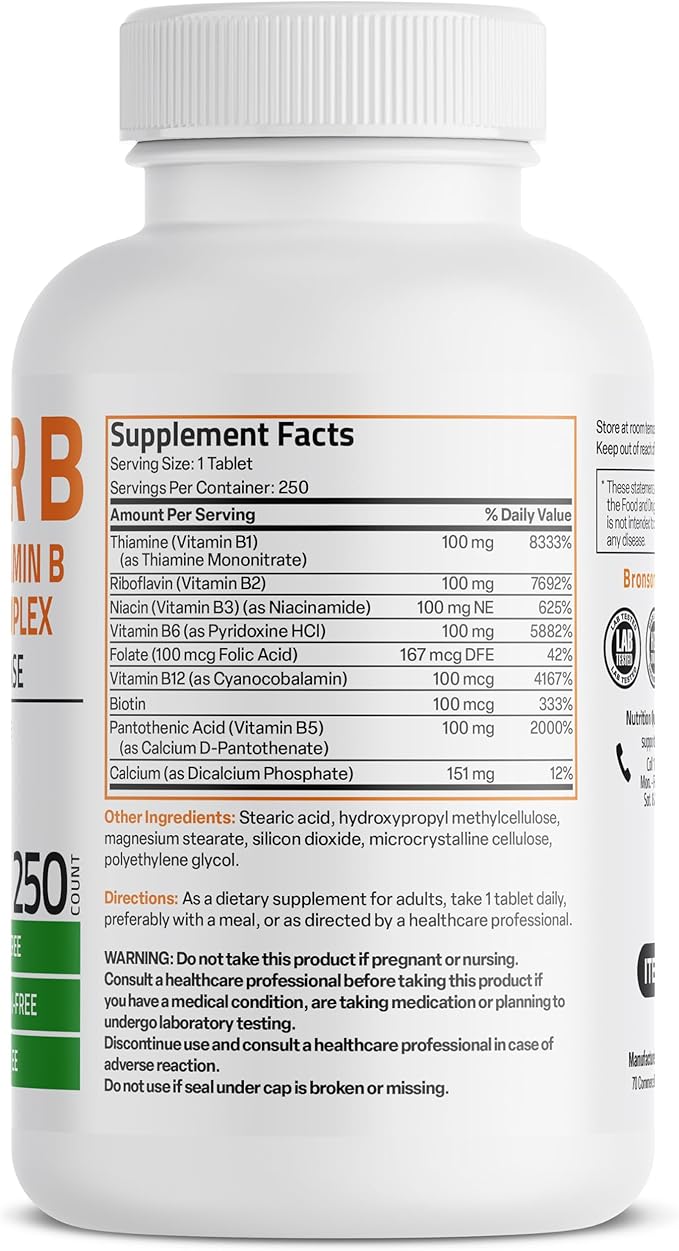 Bronson Super B 100 Vitamin B Complex Sustained Release Contains All B Vitamins (Vitamin B1, B2, B3, B6, B9 - Folic Acid, B12) Supports Energy Metabolism & Nervous System Health, Non-GMO, 250 Tablets