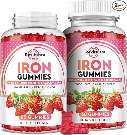 Iron Gummies - with Calcium, Zinc, Folate & Vitamin B12, C, B6 for Adults & Kids - Blood Builder & Energy Support for Iron Deficiency, Anemia, Vegan - 2 Pack Strawberry Flavour,60 Gummies