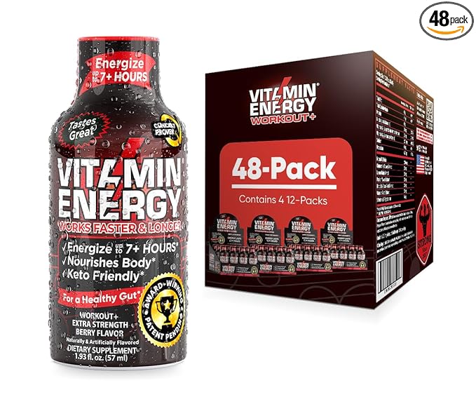 Pre Workout Vitamin Energy Drink - Keto Friendly Sugar Free Shots | Natural Clean Green Tea Caffeine with Proprietary Endurance Blend | Energize up to 7+ Hours - Berry - 1.93 Fl Oz (Pack of 48)