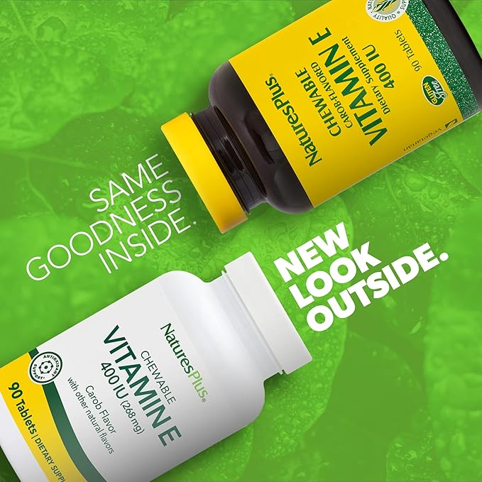 NaturesPlus Vitamin E Chewable - 400 iu, 90 Vegetarian Tablets - Natural Carob Flavor - Healthy Cardiovascular Function, Free-Radical Defense & Overall Wellbeing - Gluten-Free - 90 Servings