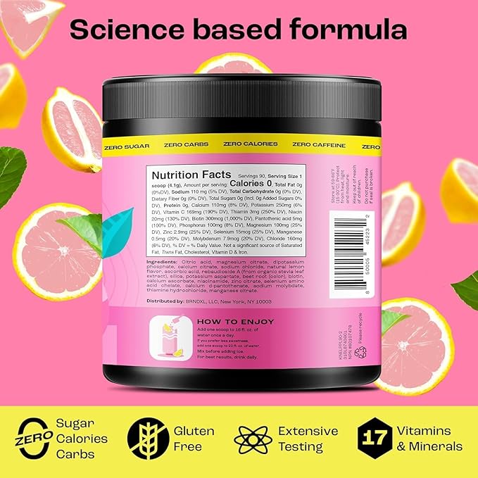 KEY NUTRIENTS Multivitamin Electrolytes Powder No Sugar - Fresh Pink Lemonade Electrolyte Powder - Endurance & Energy Supplement - Hydration Powder - No Calories - 90 Servings - Made in USA