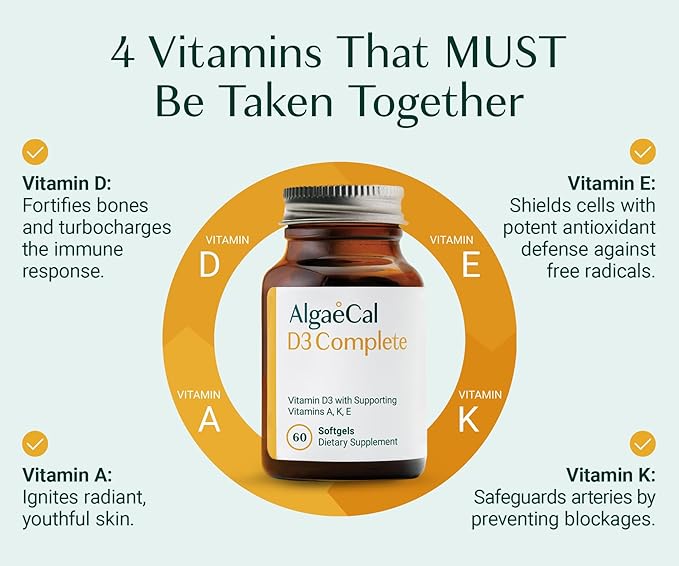 ALGAECAL D3 Complete - Vitamin D Complex - D3 K2 Vitamin 1000iu, ADEK Vitamins Bariatric, Best Vitamin D Supplement. 60 Easy-Swallow Softgels, 3 Month Supply