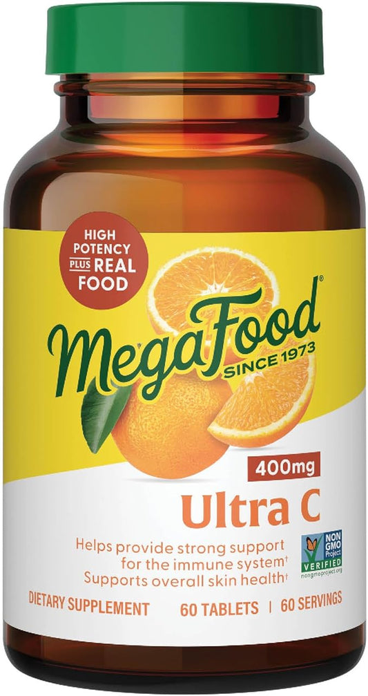 MegaFood Ultra C 400 mg - Vegan Immune Support Supplement with Vitamin C, Made with Real Food Including Broccoli, Carrot, Cranberry & Brown Rice, Gluten-Free, Kosher - 60 Tablets, 60 Servings