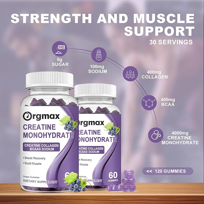Creatine Monohydrate Gummies, Delicious Grape Flavored for Men & Women, Enhanced with Collagen & BCAA, Easy-to-Swallow Chews for Muscle Strength, Energy Boost, Pre-Workout Supplement(2 Pack)