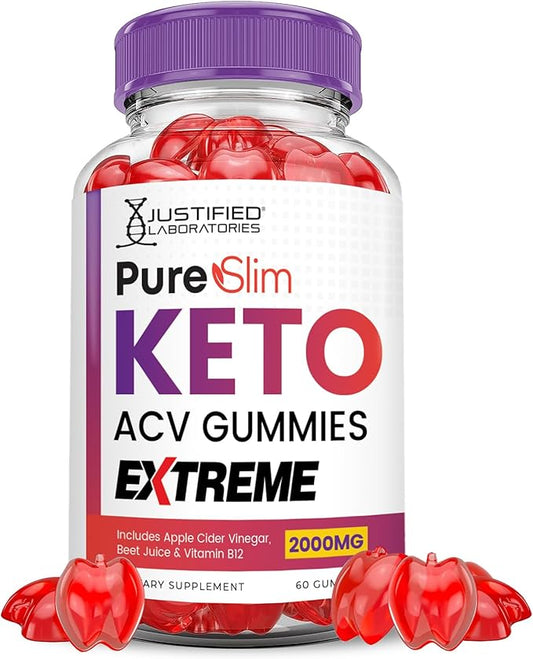 Pure Slim Keto ACV Gummies Extreme 2000MG PureSlim Keto Gummies Advanced Formula Apple Cider Vinegar with Pomegranate Beet Juice Powder B12 Vegan Non GMO 60 Gummys