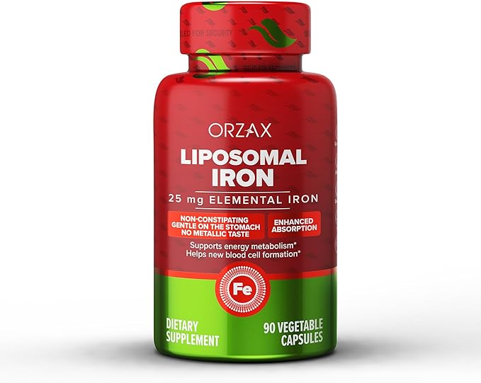 ORZAX Iron Supplement 25 mg -Liposomal Technology- High Bioavailability 90 Vegetable Capsules, Helps New Blood Cell Production, Non-Constipating, Non-GMO & Gluten Free, for Women, Men, Adults
