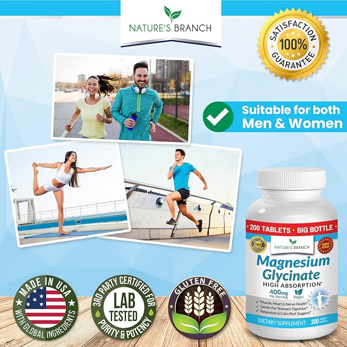 Magnesium Glycinate 400 mg - 200 Tablets - High Absorption, Non Buffered Bisglycinate Mag Supplement for Sleep, Leg Cramps, Heart, Ease Muscles, Calm Headaches for Women and Men, Non Powder Capsules