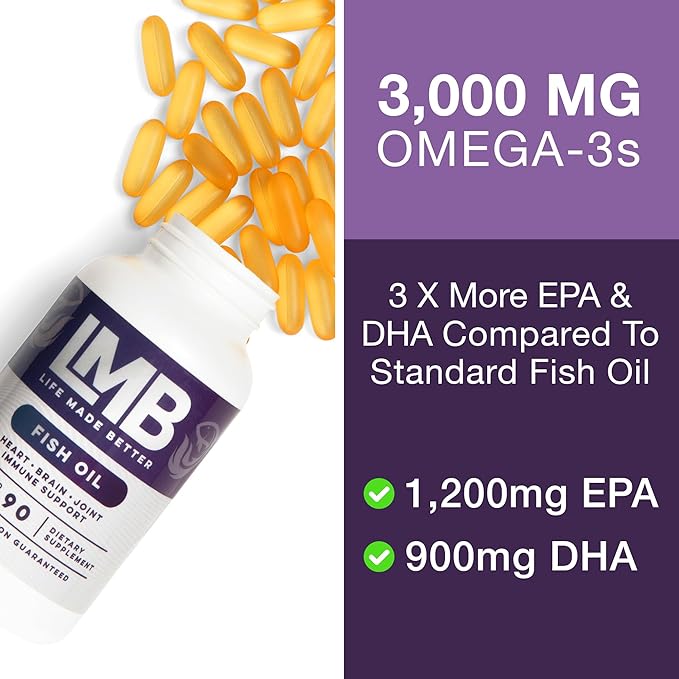 Wild Caught Omega 3 Fish Oil 3000mg - Triple Strength Burpless DHA 900mg + EPA 1200mg Non-GMO - Enteric Coated with No Aftertaste - LMB (90 Soft Gels)
