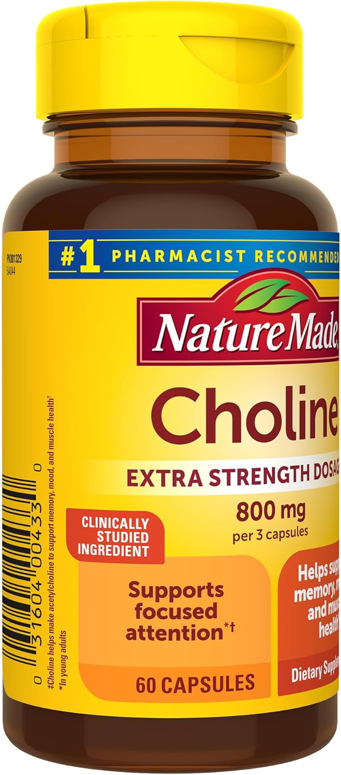 Nature Made Extra Strength Dosage Choline Supplements 800 Mg Per 3 Capsules, Brain Health, Mood, Muscle & Liver Support, Vegetarian, 60 Capsules, 20 Day Supply