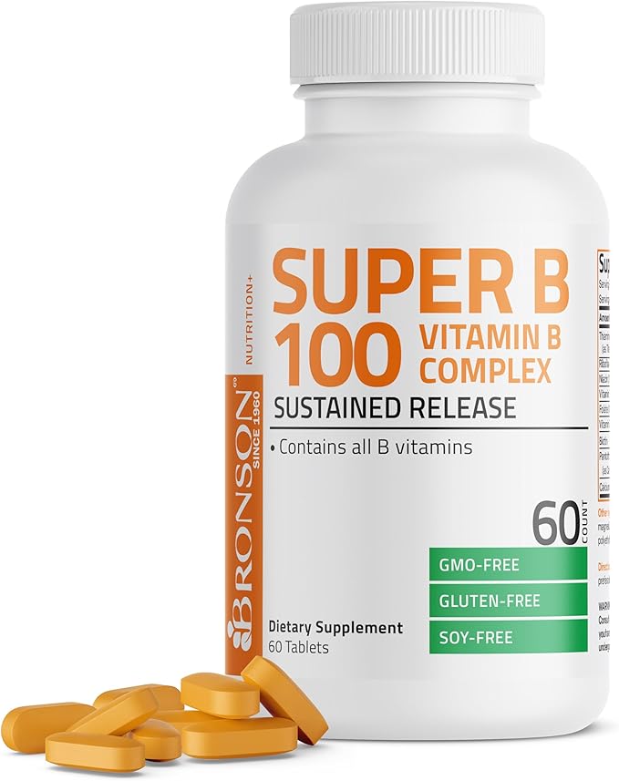 Bronson Vitamin B 100 Complex High Potency Sustained Release (Vitamin B1, B2, B3, B6, B9 - Folic Acid, B12), 60 Tablets