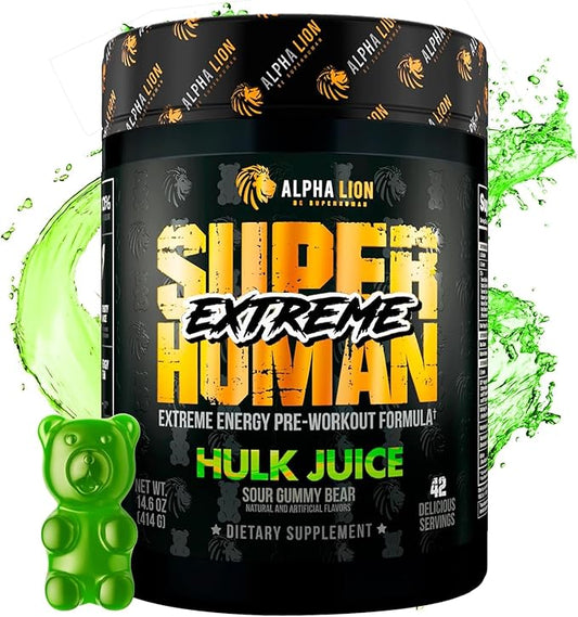 ALPHA LION Superhuman Extreme Pre Workout Powder, Beta Alanine, L-Taurine & Tri-Source Caffeine for Sustained Energy, Nitric Oxide & Citrulline for Pump (21 Servings, Sour Gummy Bear Flavor)