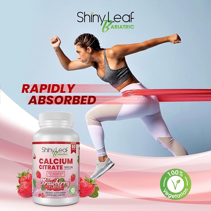 Shiny Leaf Bariatric Calcium Citrate 600mg - Supplement for Bariatric Surgery Patients, 60 Ct Chewable Tablets with Magnesium, Vitamin D3, Natural Strawberry Flavor, Vegetarian (4 Months)