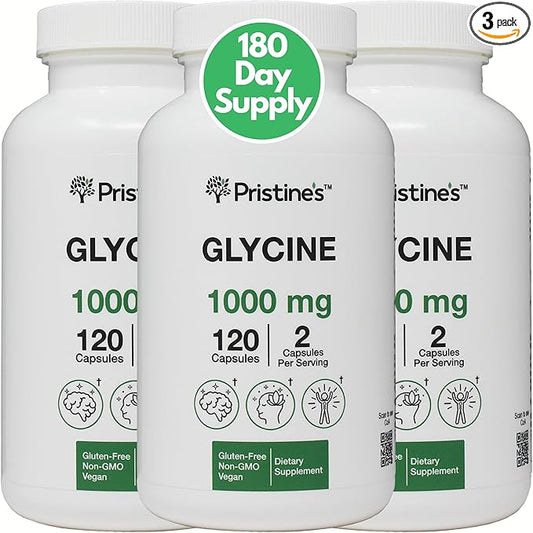 PRISTINE'S Glycine (3 Pack) 1000MG Amino Acid Sleep Support Supplement Capsules - 180 Day Supply - Muscle Recovery, Collagen & Kidney Support Supplement - Vegan, Non GMO, Gluten Free