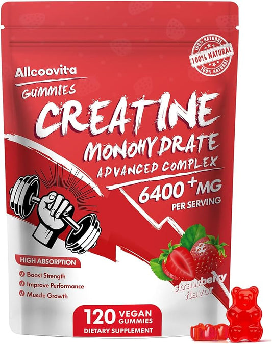 Creatine Monohydrate Gummies Complex 6400mg for Men & Women - 120 Gummies Advanced Formula, L-Taurine + Vitamin B12 for Muscle Strength, Muscle Builder, Energy Boost, Pre-Workout Supplement-Strawberry