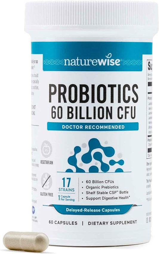 NatureWise Probiotics 60 Billion CFU - 17 Strains + Organic Prebiotics - Immune, Digestive & Gut Health Support for Women & Men - Vegetarian, Gluten-Free, Non-GMO - 60 Capsules[2-Month Supply]