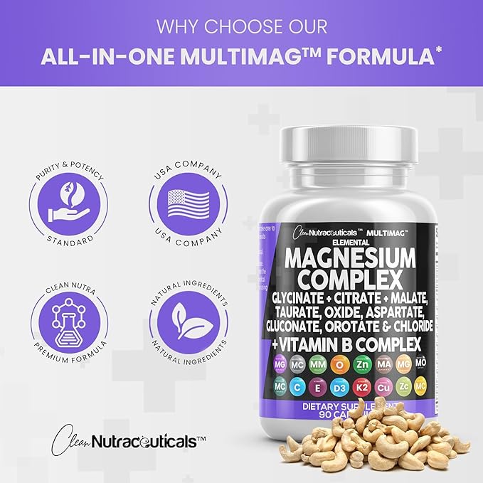 Clean Nutraceuticals Magnesium Complex 2285mg with Magnesium Glycinate Citrate Malate Oxide Taurate Aspartate Orotate & Mag Chloride, Zinc Copper Manganese & Vitamin C B1 B2 B6 B12 Complex - 1Pack