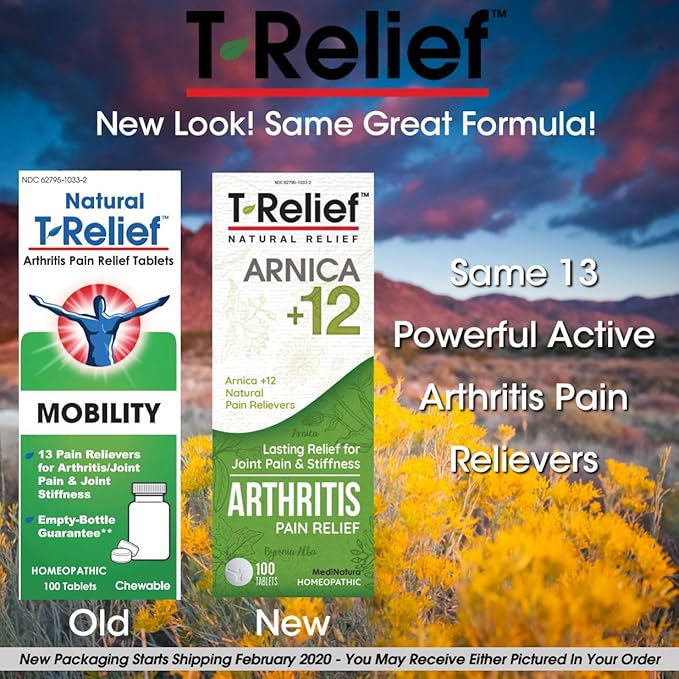 T-Relief Extra Strength Arthritis Pain Reliever Arnica +12 Natural Medicines for Joint Soreness Stiffness Aches, Quick Dissolving Pain Relief for Women & Men - 100 Tablets (4 Pack)