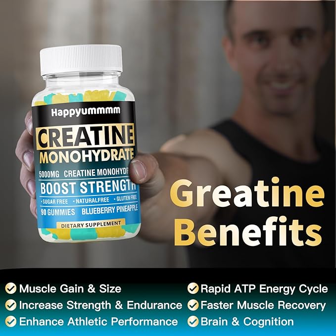 Creatine Monohydrate Gummies 5000mg for Men & Women, Chewables Creatine Monohydrate for Muscle Strength, Muscle Builder, Energy Boost, Pre-Workout Supplement(90 Count)-Blueberry Pineapple.