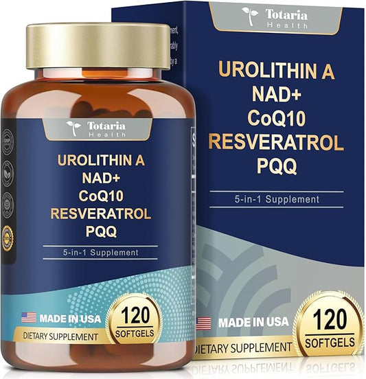 Urolithin A Supplement 1000mg with NAD+,CoQ10,Resveratrol,PQQ Supplement for Men Women 120 Softgels for Muscle Energy Antioxidants Vegan High Bioavailability