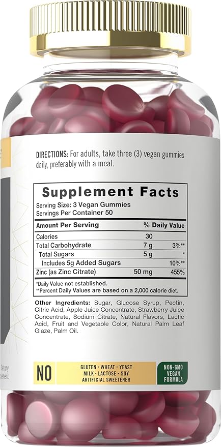 Carlyle Zinc 50mg Gummies | 150 Count | Vegan, Non-GMO and Gluten Free Formula | Zinc Citrate Dietary Supplement