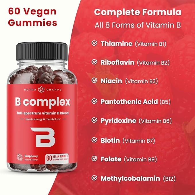 Vitamin B Complex Gummies | Vitamin B Gummies for Women, Men & Kids | Boosts Energy & Metabolism | B Complex Vitamins B1, B2 (Riboflavin), B3 (Niacin), B5, B6, B7 (Biotin), B9 (Folic Acid), Methyl B12