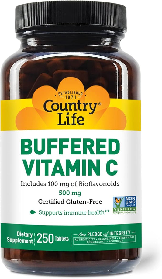 Country Life Vitamin C Buffered with Bioflavonoids, 500mg, 250 Tablets, Certified Gluten Free, Certified Vegan