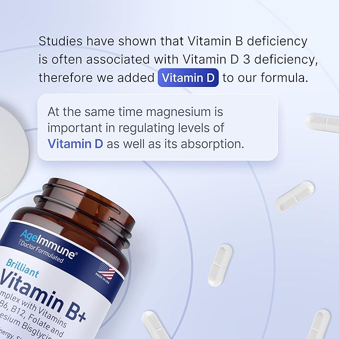 Vitamin B Complex - 60 Capsules with Vitamins B6 20mg D3 1000IU Magnesium Bisglycinate 260mg Methyl B12 1000mcg and Folate as Methylfolate 600mcg DFE. Doctor Formulated MTHFR Support Supplement.