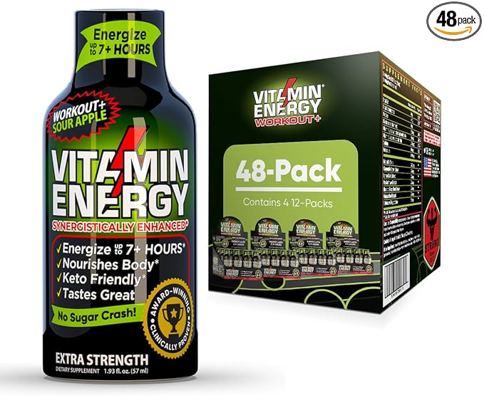 Vitamin Energy Pre Workout Drink - Keto Friendly Sugar Free Shots | Natural Clean Green Tea Caffeine with Proprietary Endurance Blend | Energize up to 7+ Hours - Sour Apple - 1.93 Fl Oz- Pack of 48
