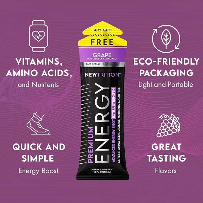 Extra Strength Energy Shots Packets, Caffeine Energy Shots with Vitamin B & Amino Acids, Sugar-Free Vitamin Energy Shot, 1.7 fl oz, Grape, 24 Count