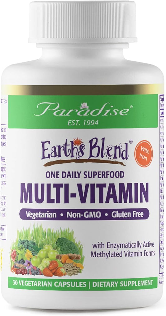 Paradise Herbs Earth's Blend Women's One Daily Multivitamin with Iron, 48 Organic Superfoods, Probiotics, Antioxidants, Vitamins A, B12, C, D, K2, Daily Superfood, 30 Capsules