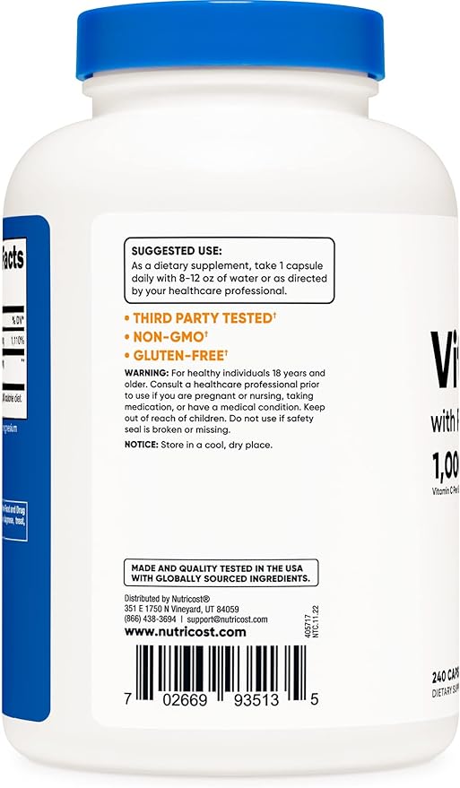 Nutricost Vitamin C with Rose HIPS 1025mg, 240 Capsules (2 Bottles) - Premium Non-GMO, Gluten Free Vitamin C Supplement