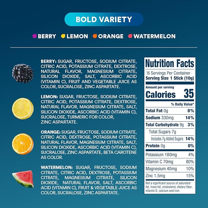 DripDrop Hydration - Bold Variety Pack - Electrolyte Drink Mix Single Serve Hydration Powder Packets - Watermelon, Berry, Lemon, Orange | Non-GMO, Gluten Free, Vegan | 16 Sticks