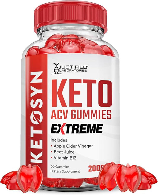 Ketosyn Keto ACV Gummies Extreme 2000MG Ketosyn Keto Gummies Apple Cider Vinegar Formulated with Pomegranate Beet Juice Powder B12 Vegan Non GMO 60 Gummys