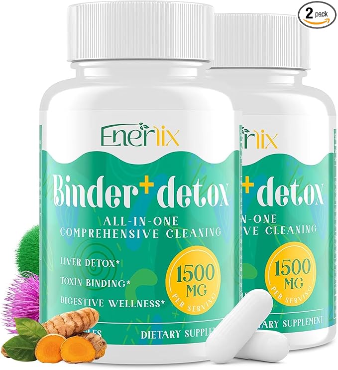 15-in-1 Detox Binder, Activated Charcoal, Zeolite & Bentonite Clay, Chlorella, 1500 MG Supplement Maximum Absorbent, Liver Gut Digestive Toxin Detox Cleanse, 180 Vegan Capsules