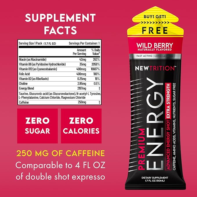 Extra Strength Energy Shots, Caffeine Energy Shots with Vitamin B & Amino Acids, Sugar-Free Vitamin Energy Shot, 1.7 fl oz, Wild Berry, 24 Count