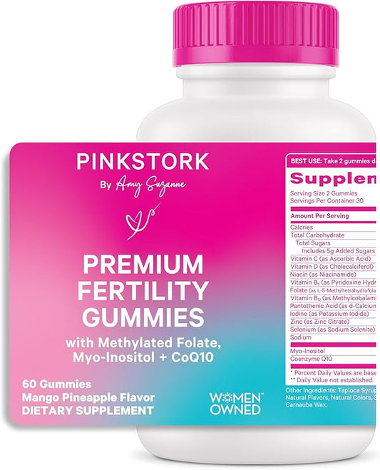 Pink Stork Premium Fertility Gummies for Women - Prenatal Conception Supplements for Her with Inositol, CoQ10, Folate and Vitamins to Support Hormone Balance, Ovulation + Menstrual Cycle, 60 Gummies