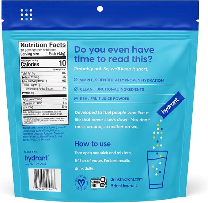 Hydrant Hydrate No Added Sugar, Individual Hydration Electrolye Powder Stick Packets with Zero Sugar and FSA & HSA Eligibility (Lemonade, 30 Count)