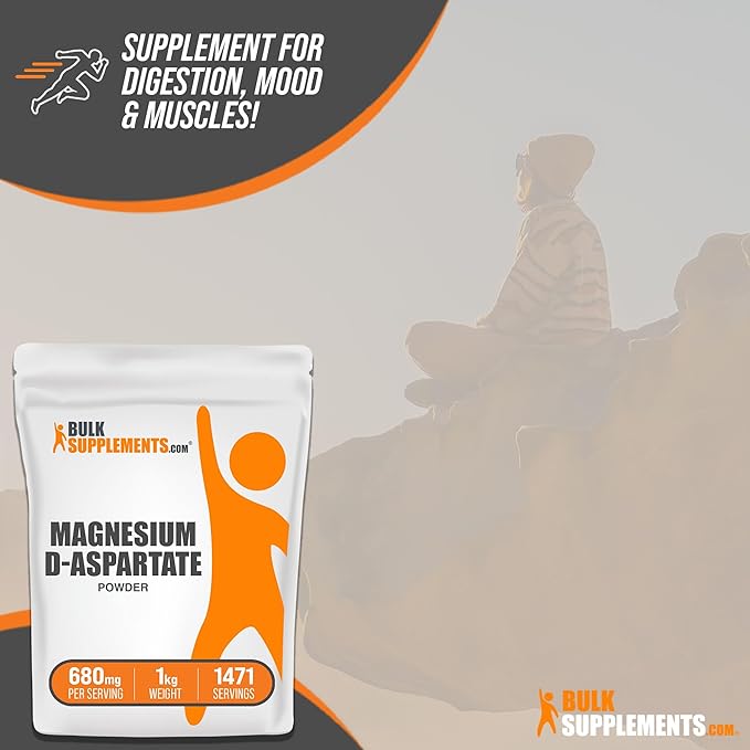 BulkSupplements.com Magnesium D-Aspartate Powder - Magnesium Supplement, High Absorption Magnesium - Gluten Free, 680mg (49mg of Magnesium) per Serving, 1kg (2.2 lbs) (Pack of 1)