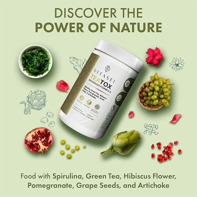 Teatox Detox & Cleanse Support Powder, Digestion Booster W/Green Tea, Spirulina, Artichoke, Jamaican Flower & Grape Seeds, Support Supplement & Meal Replacement Powder, Green Apple Flavor 16oz